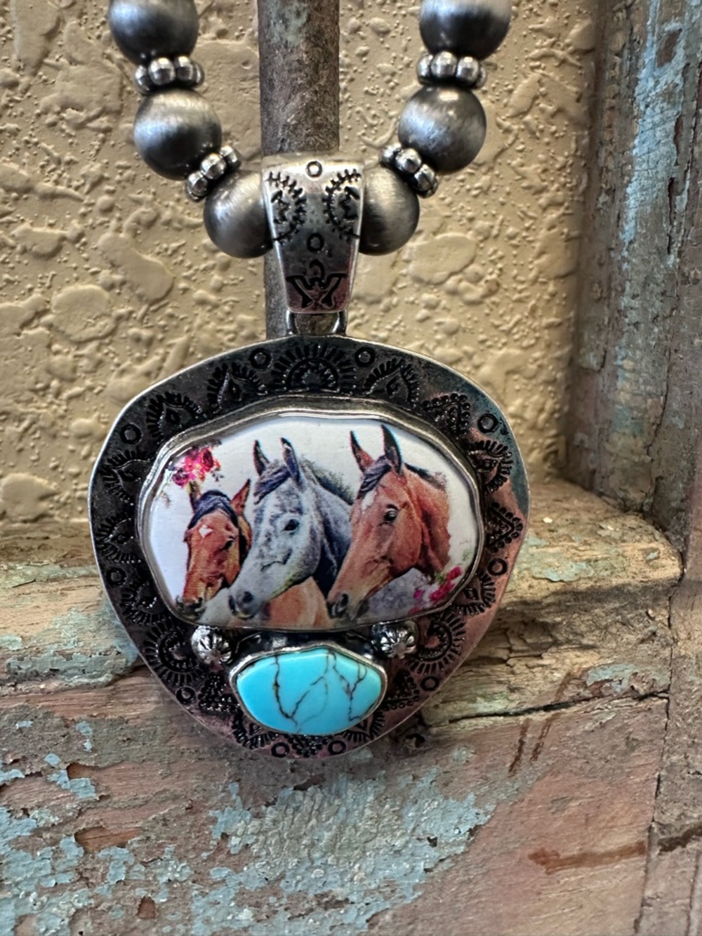 Western Horse Trio Pendant Necklace with Turquoise Accent